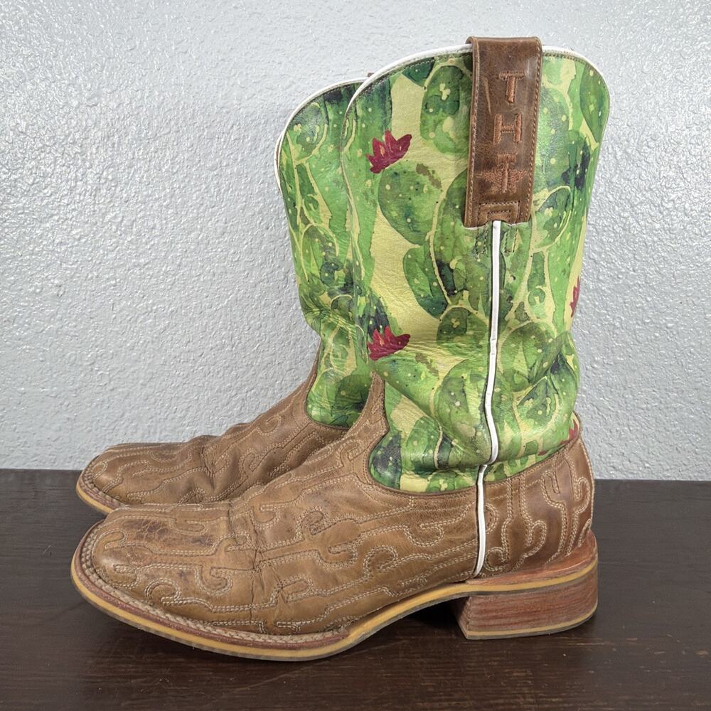 Tin Haul Co. “Cacstitch” Women’s Brown Green Square Cowboy Boots Gals Size 10 B